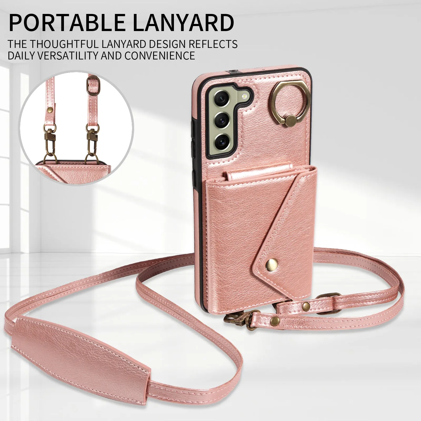 002 For Samsung Galaxy S21 FE 5G Card Bag Ring Kickstand Cover Litchi Texture Leather Coated TPU Anti-fall Phone Case with Shoulder Strap