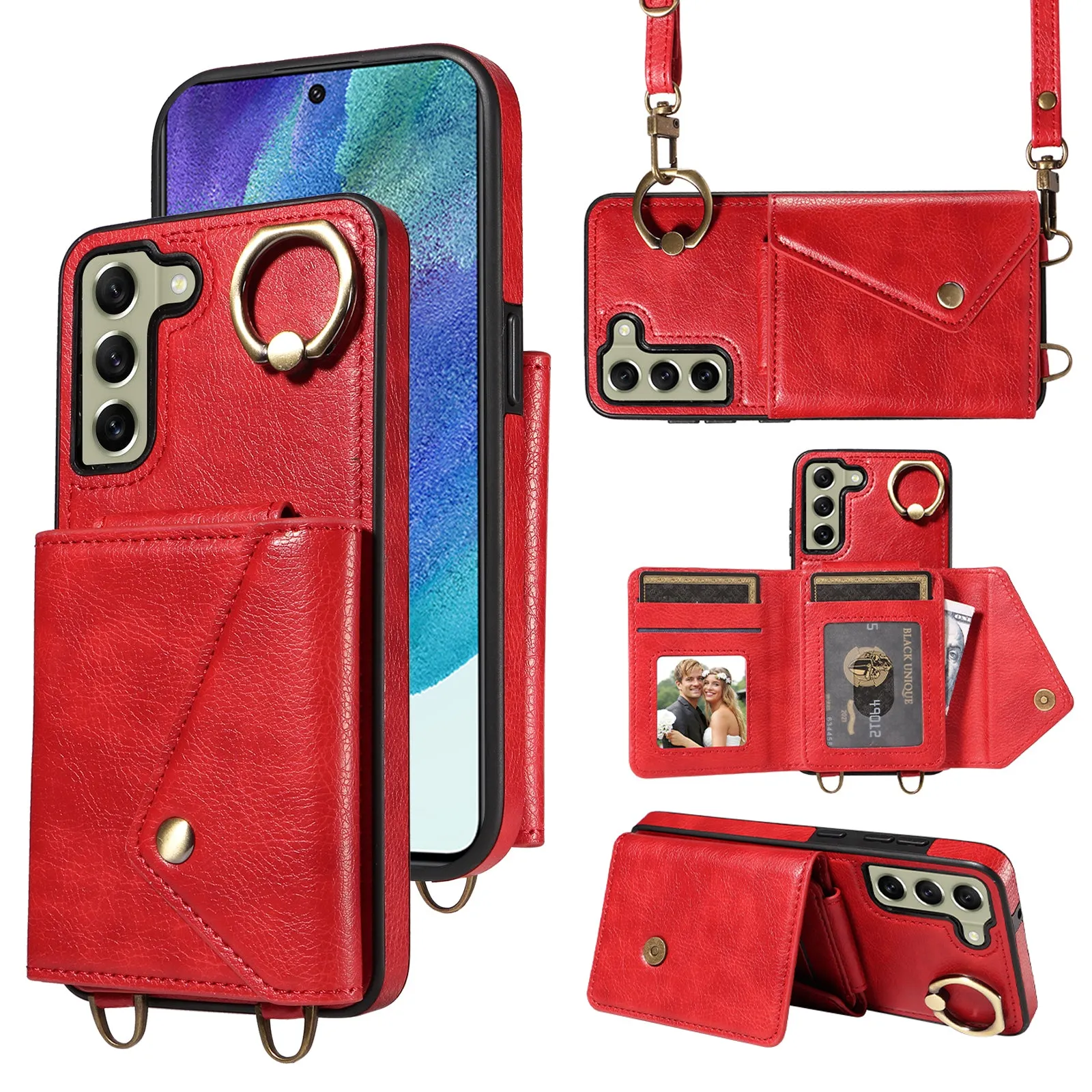 002 For Samsung Galaxy S21 FE 5G Card Bag Ring Kickstand Cover Litchi Texture Leather Coated TPU Anti-fall Phone Case with Shoulder Strap