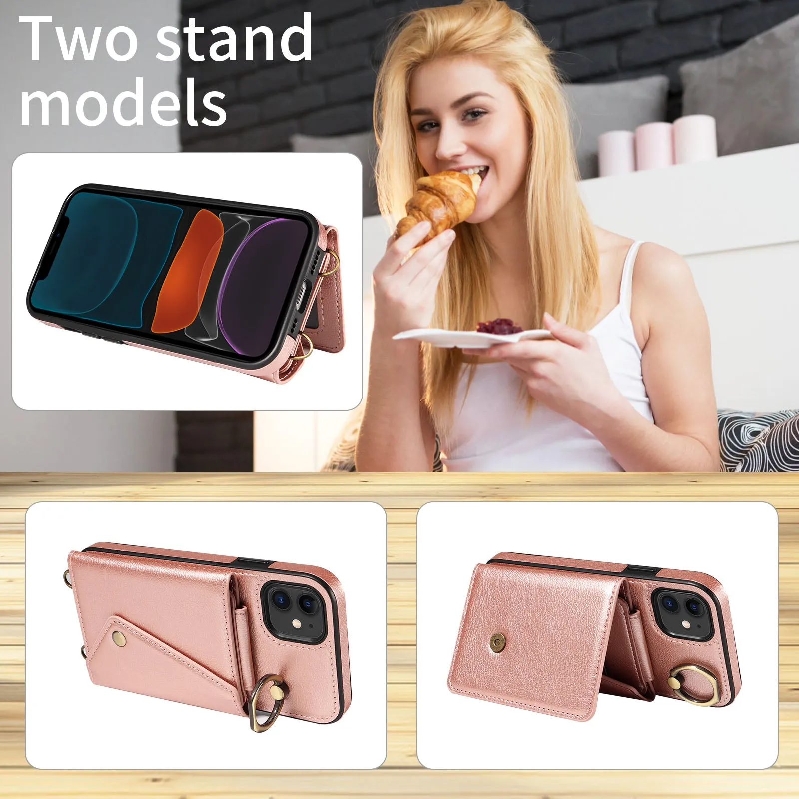 002 Ring Kickstand Cover for iPhone 11 , Card Bag Litchi Texture Leather TPU Phone Case with Shoulder Strap