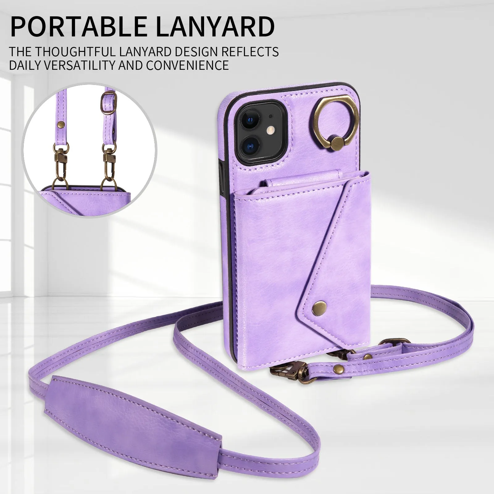 002 Ring Kickstand Cover for iPhone 11 , Card Bag Litchi Texture Leather TPU Phone Case with Shoulder Strap