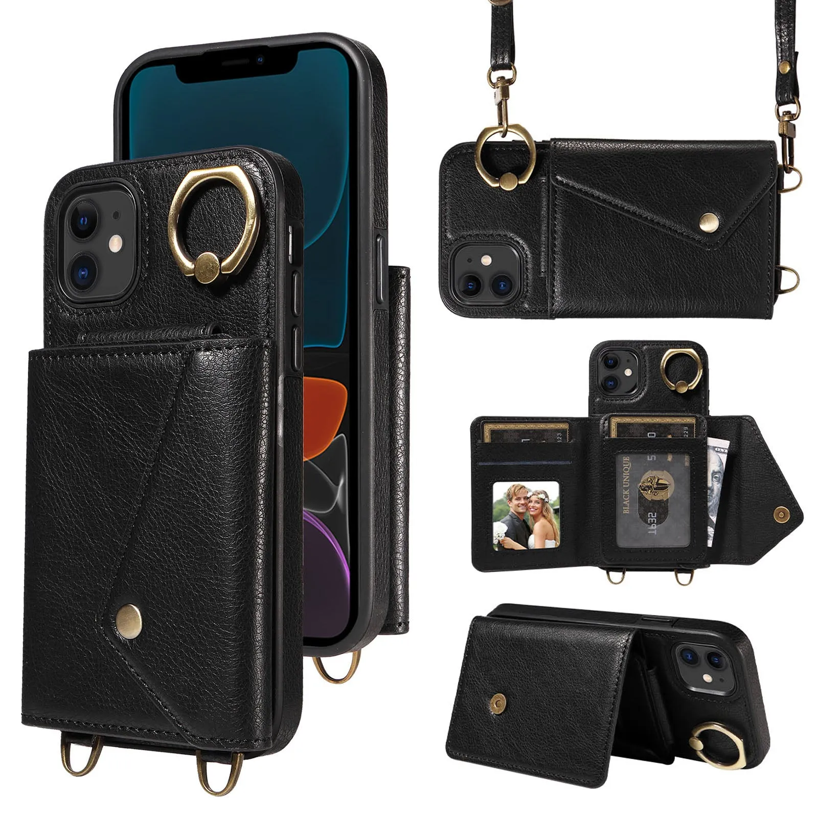 002 Ring Kickstand Cover for iPhone 11 , Card Bag Litchi Texture Leather TPU Phone Case with Shoulder Strap