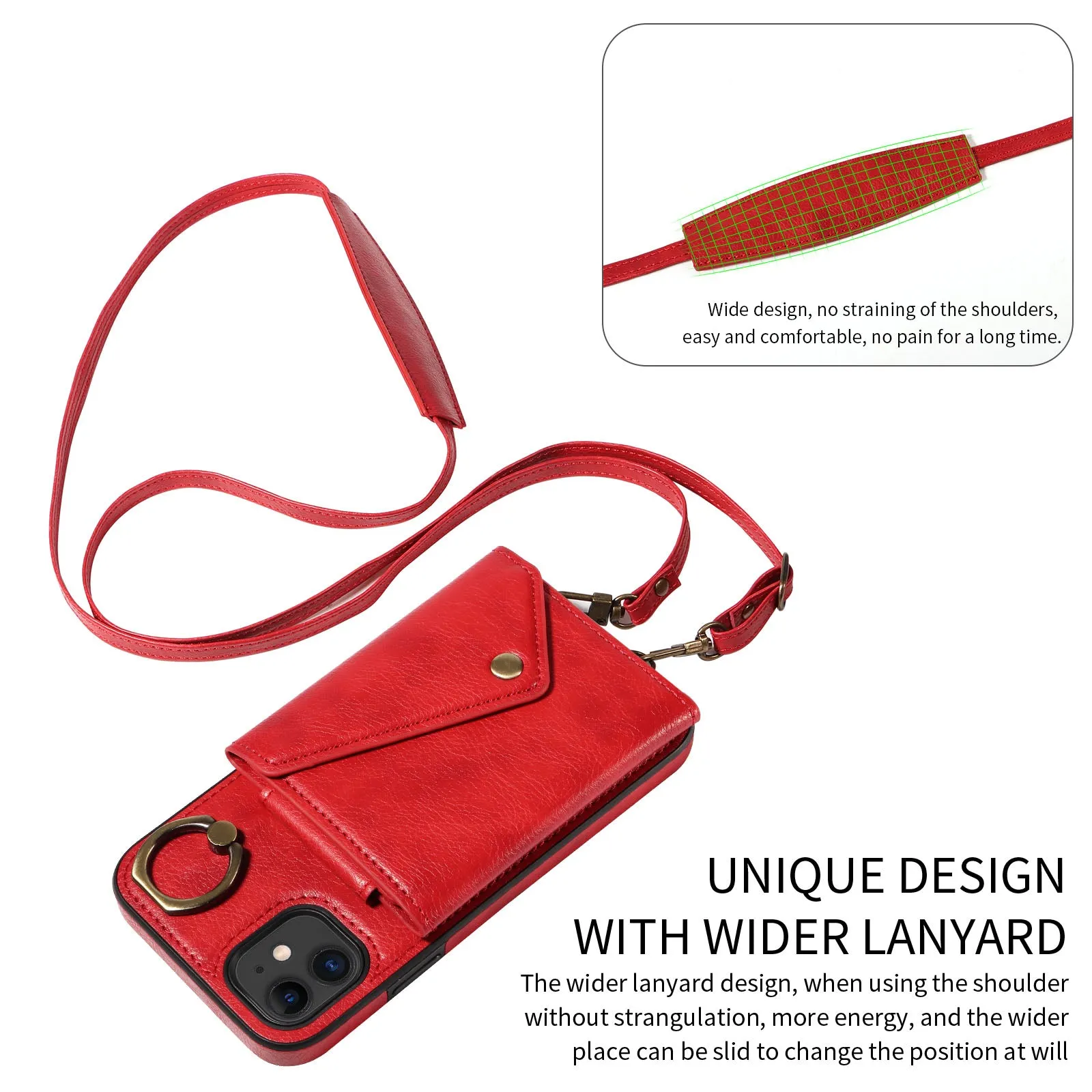 002 Ring Kickstand Cover for iPhone 11 , Card Bag Litchi Texture Leather TPU Phone Case with Shoulder Strap