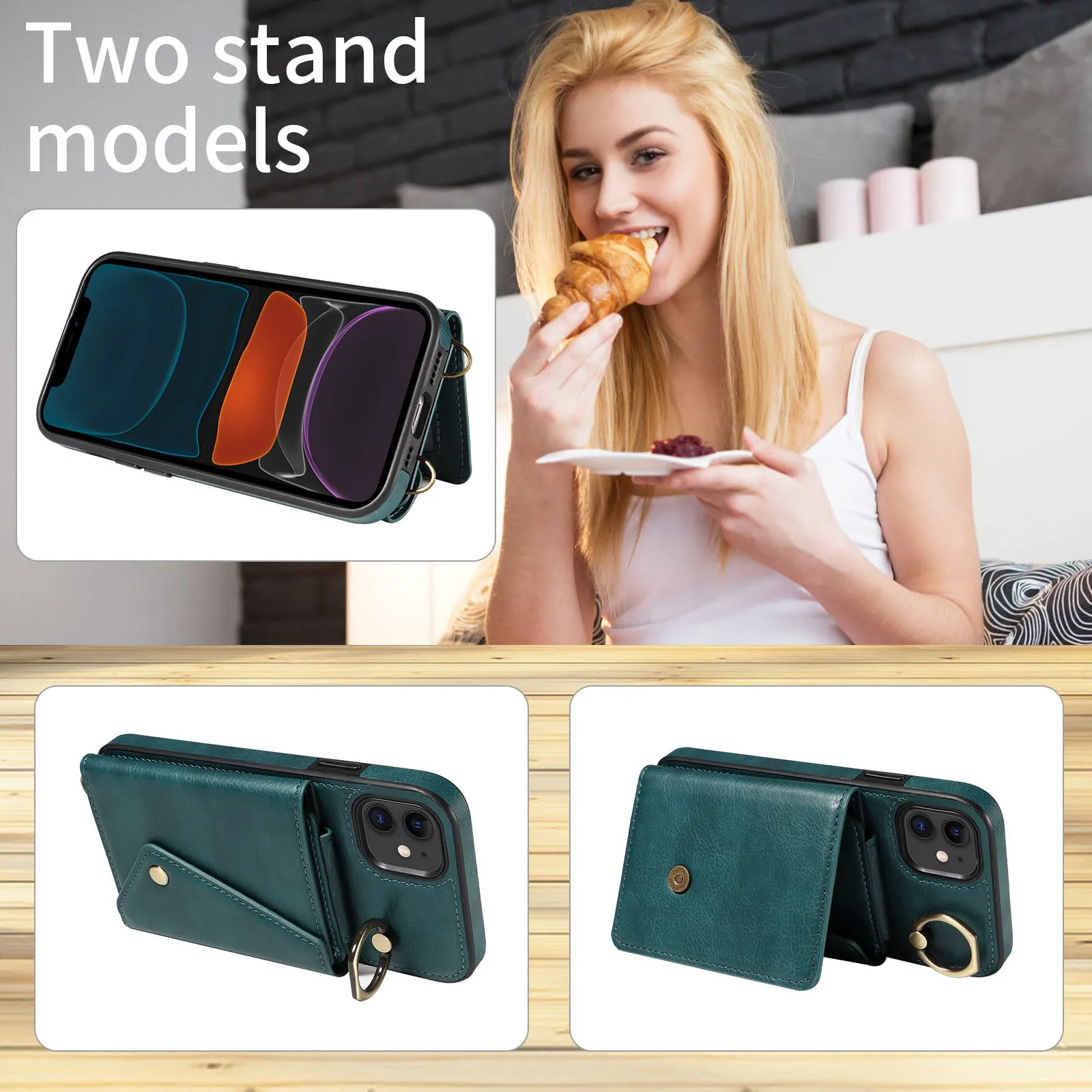 002 Ring Kickstand Cover for iPhone 11 , Card Bag Litchi Texture Leather TPU Phone Case with Shoulder Strap