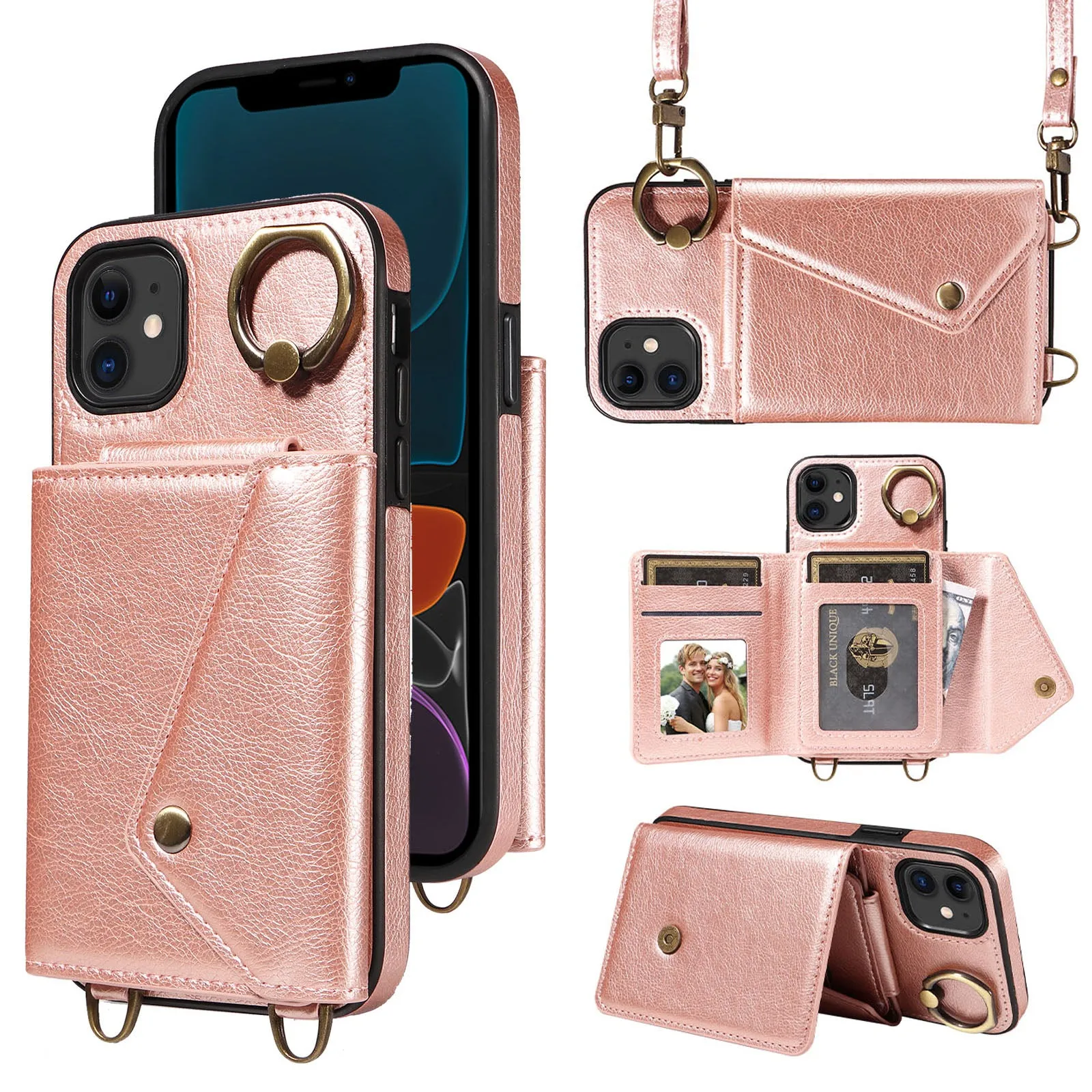 002 Ring Kickstand Cover for iPhone 11 , Card Bag Litchi Texture Leather TPU Phone Case with Shoulder Strap