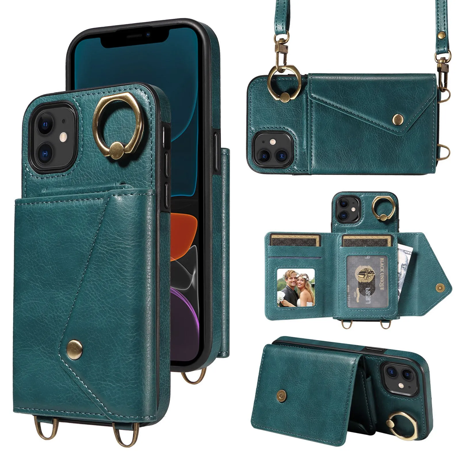 002 Ring Kickstand Cover for iPhone 11 , Card Bag Litchi Texture Leather TPU Phone Case with Shoulder Strap