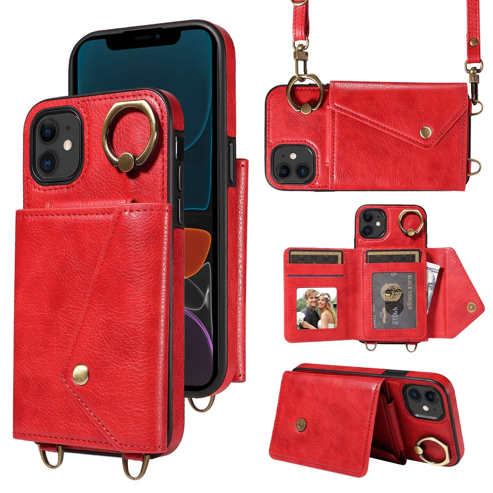 002 Ring Kickstand Cover for iPhone 11 , Card Bag Litchi Texture Leather TPU Phone Case with Shoulder Strap