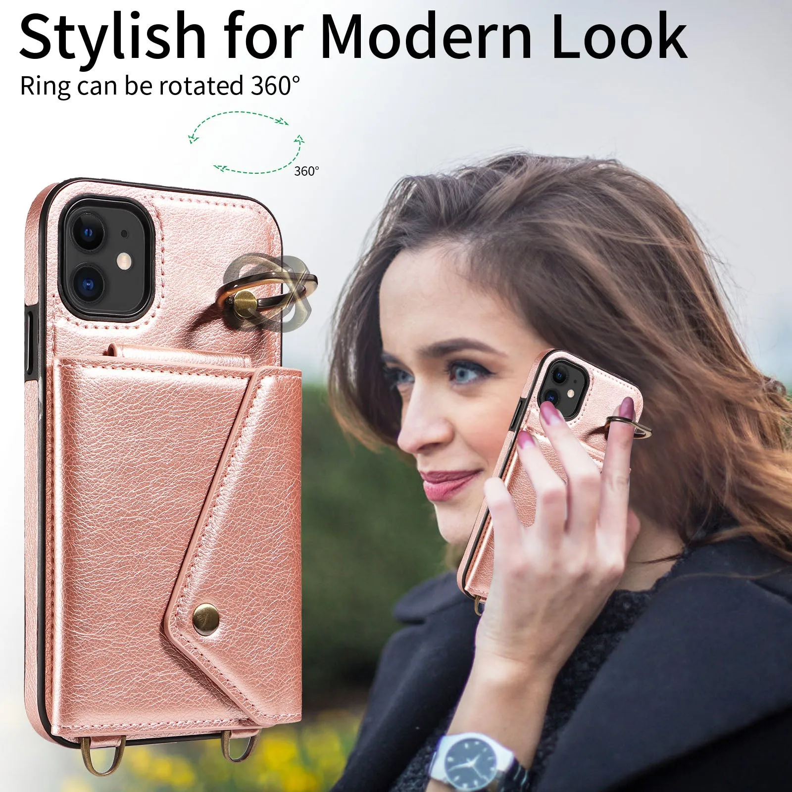 002 Ring Kickstand Cover for iPhone 11 , Card Bag Litchi Texture Leather TPU Phone Case with Shoulder Strap