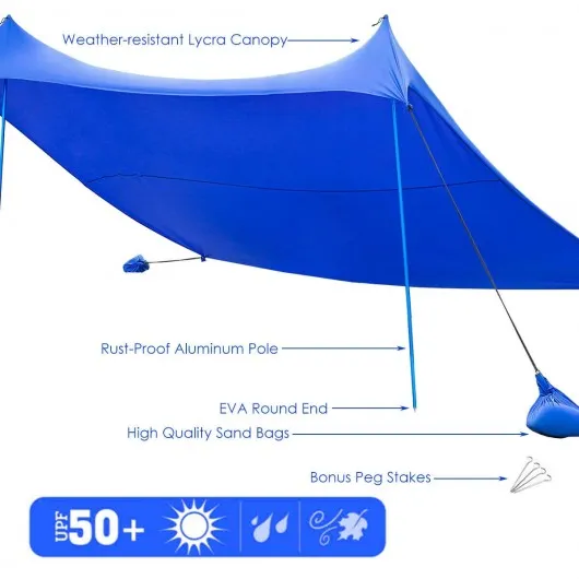 10' x 9' Family Beach Tent Canopy Sunshade w/ 4 Poles-Blue