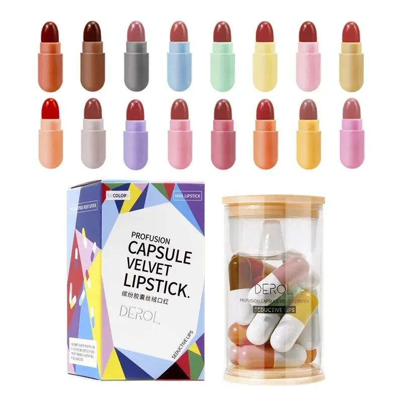 16pcs Cute Mini Capsule Lipsticks Matte Velvet Waterproof Non-stick Capsule Lipsticks