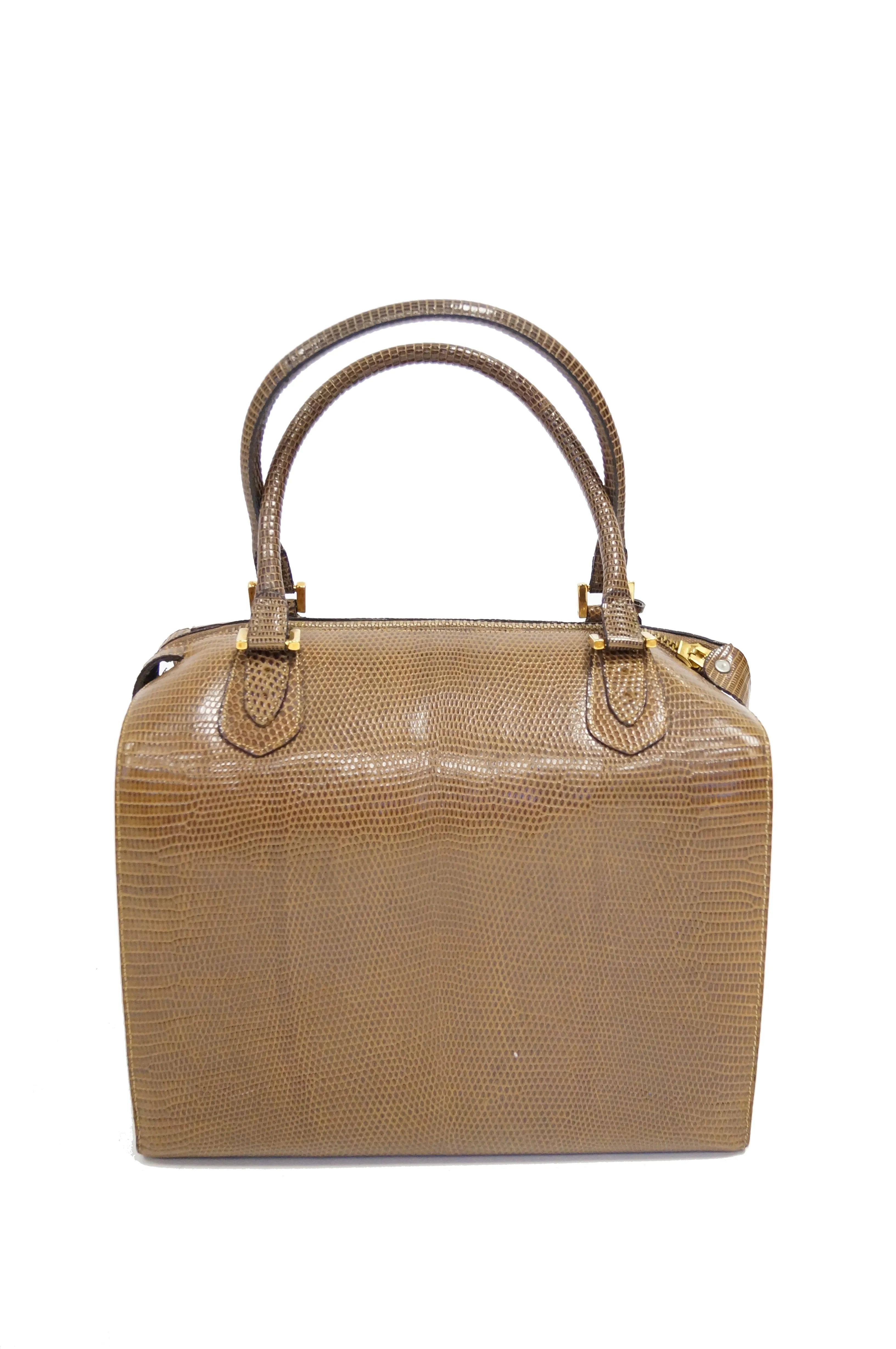 1960s Martin Van Schaak Custom Brown Java Lizard Skin Handbag Box Bag