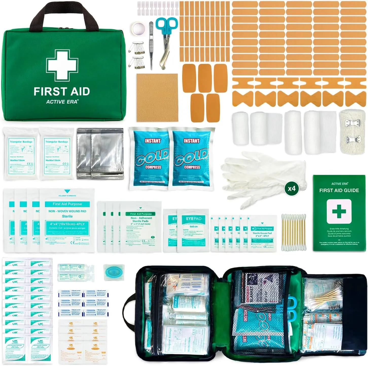 220 Piece Premium First Aid Kit Bag - includes Eyewash, 2 x Cold (Ice) Packs and Emergency Blanket for Home, Office, Car, Caravan, Workplace, Travel and Sports (Green)