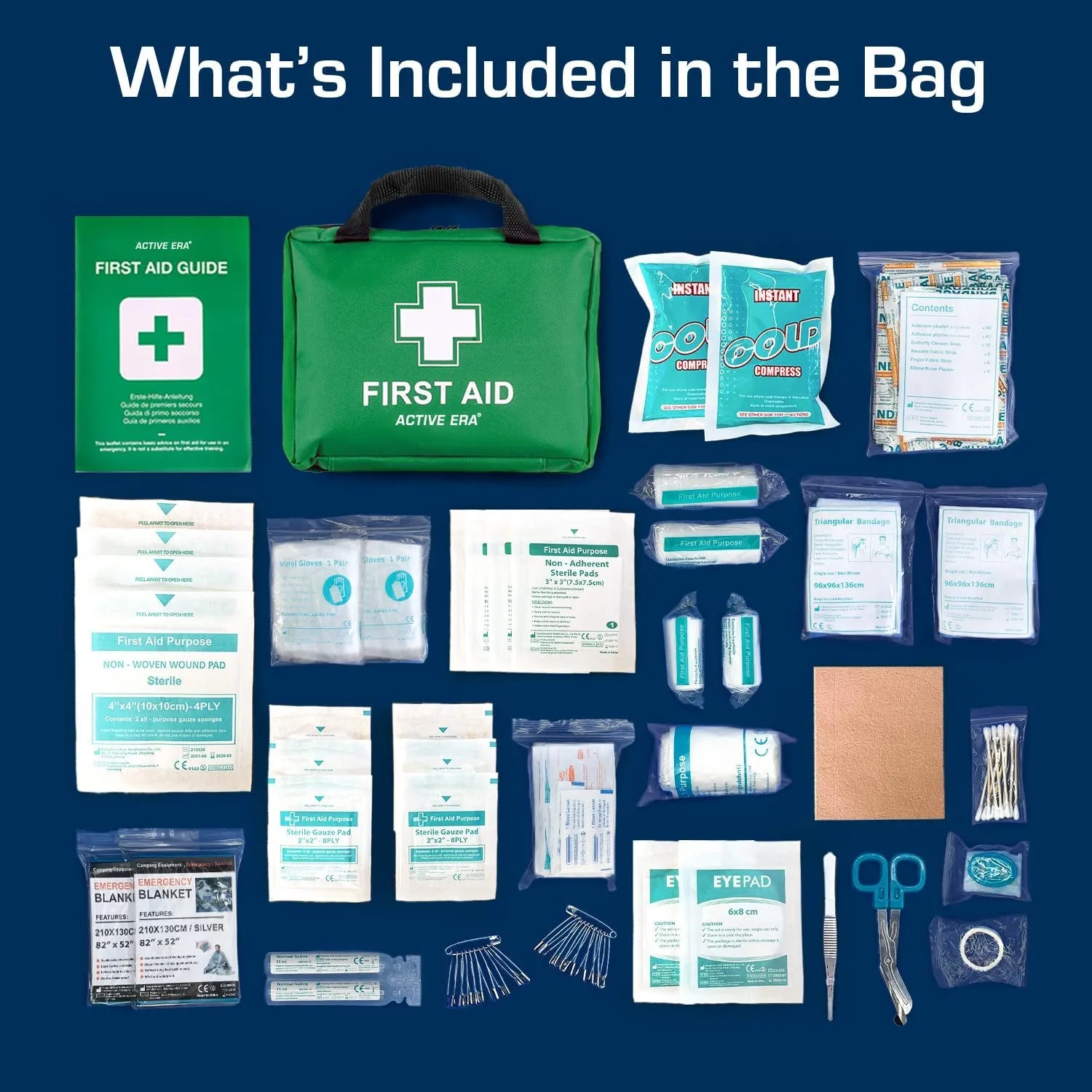 220 Piece Premium First Aid Kit Bag - includes Eyewash, 2 x Cold (Ice) Packs and Emergency Blanket for Home, Office, Car, Caravan, Workplace, Travel and Sports (Green)