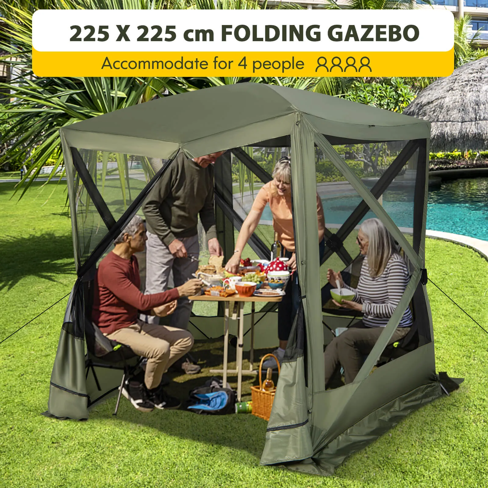 225 cm x 225 cm 4-Panel Pop up Camping Gazebo with Sunshade Cloths-Green