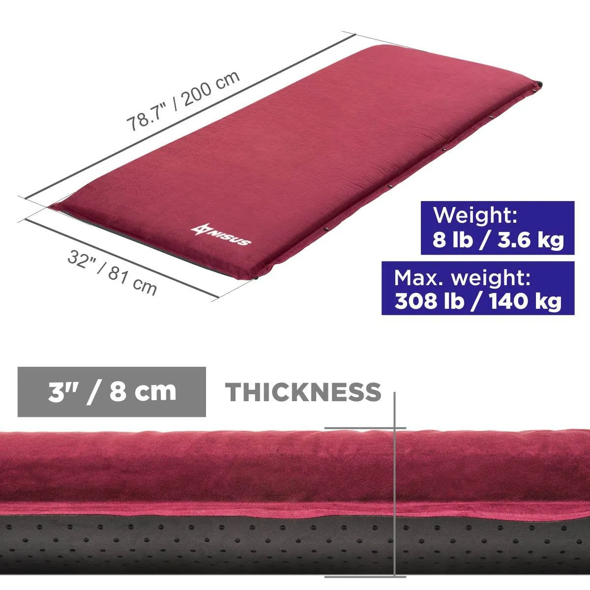 3-inch Extra Thick XL Size Self Inflating Camping Pad, Dark Red