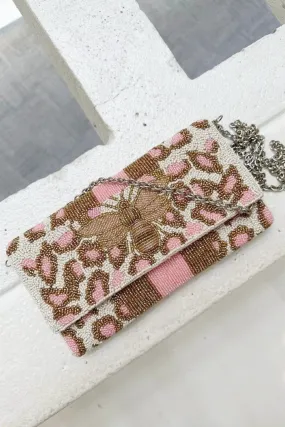 AB21420 Nyla Pink Bee and Leopard Beaded Clutch