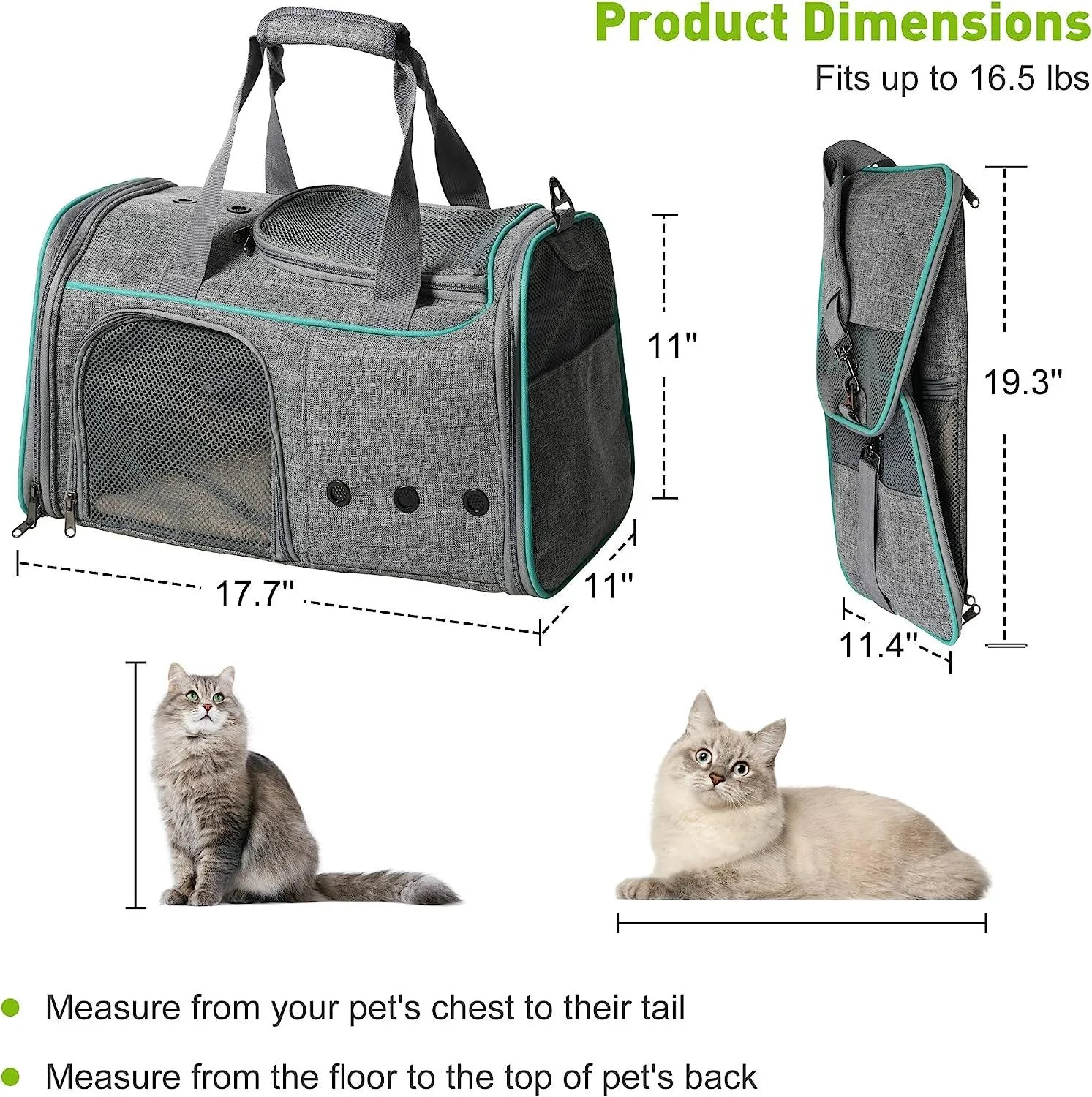 Airline Approved Pet Carrier for Cats Dogs Puppies Up to 16.5lbs with Breathable Mesh & Safe Locking Zippers