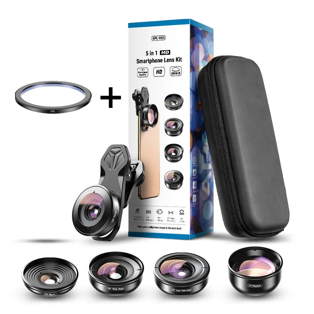 APEXEL HD 5 in 1 Camera Phone Lens 4K Wide Macro Lens Portrait Super Fisheye Lens CPL Filter for iPhone Samsung all cellphone