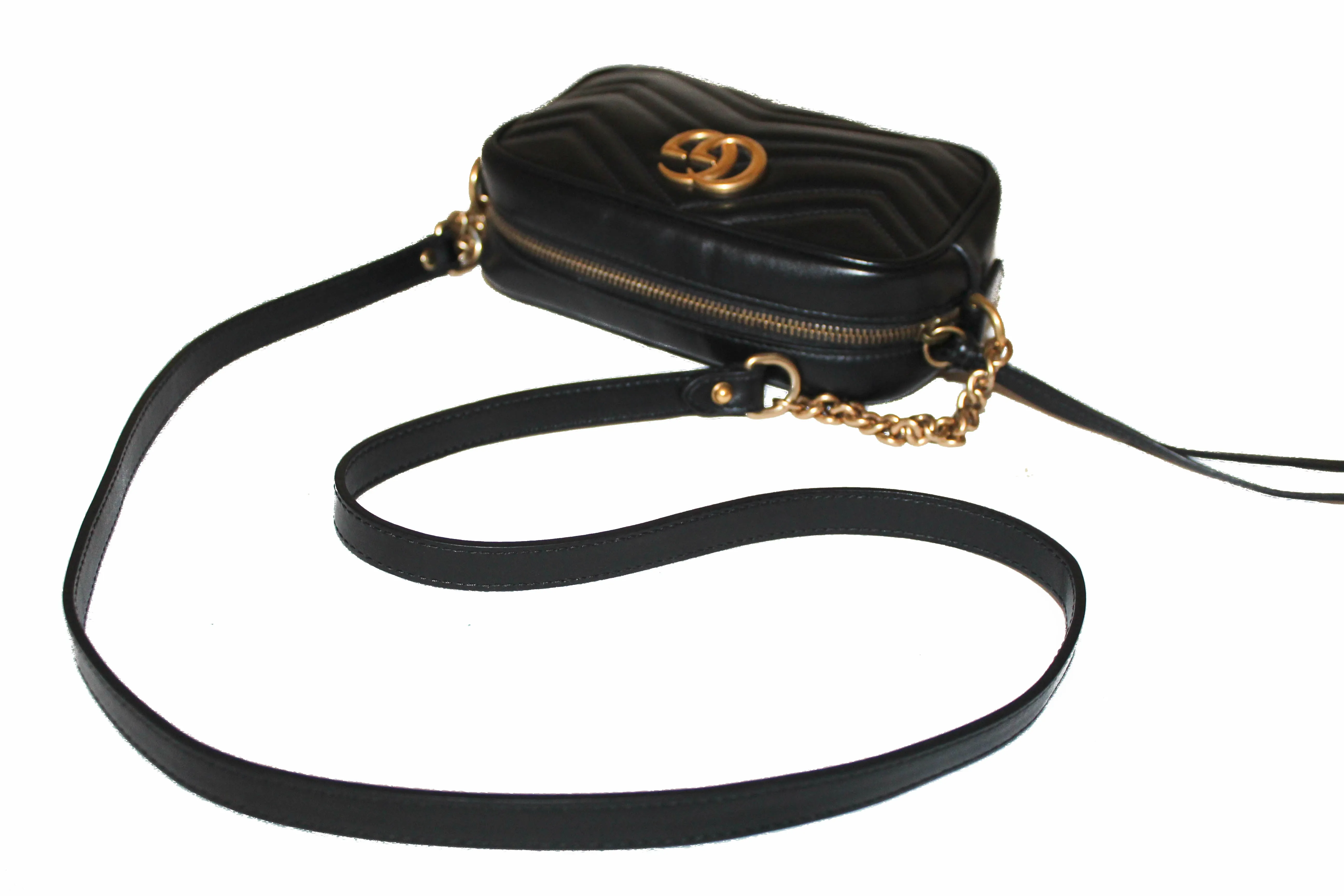 Authentic Gucci Black Marmont Matelasse Leather Mini Camera Crossbody Bag