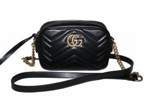 Authentic Gucci Black Marmont Matelasse Leather Mini Camera Crossbody Bag