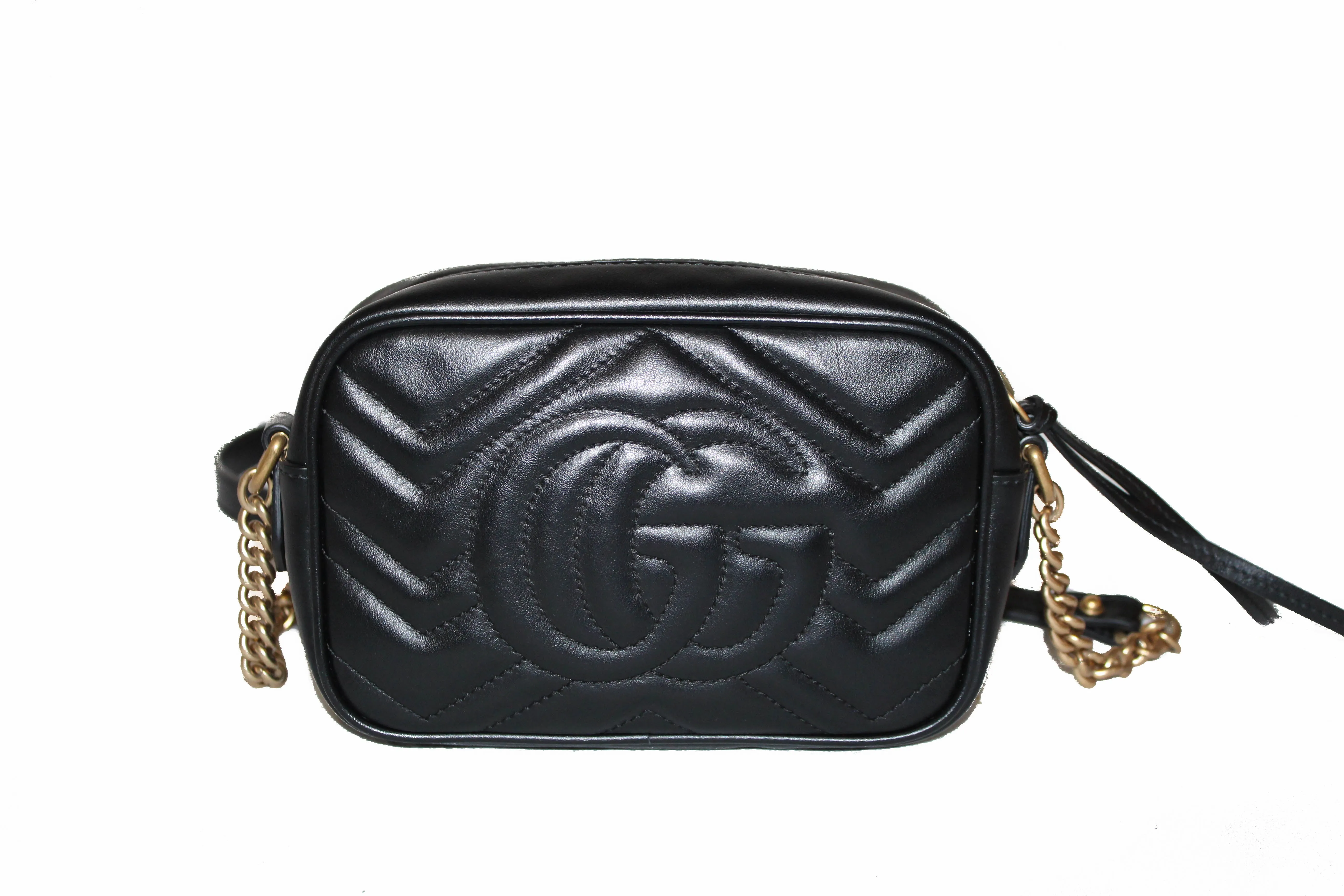 Authentic Gucci Black Marmont Matelasse Leather Mini Camera Crossbody Bag