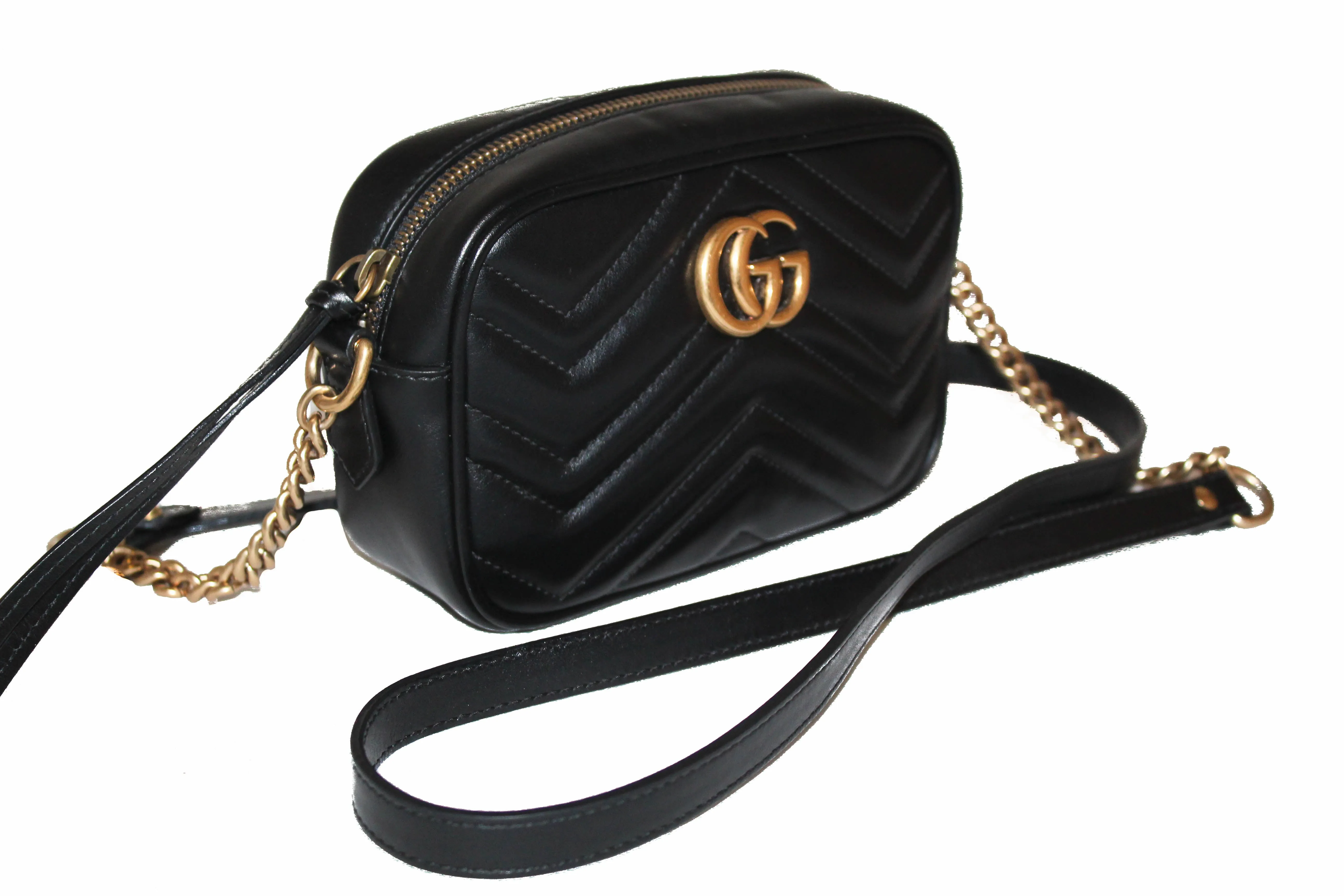 Authentic Gucci Black Marmont Matelasse Leather Mini Camera Crossbody Bag