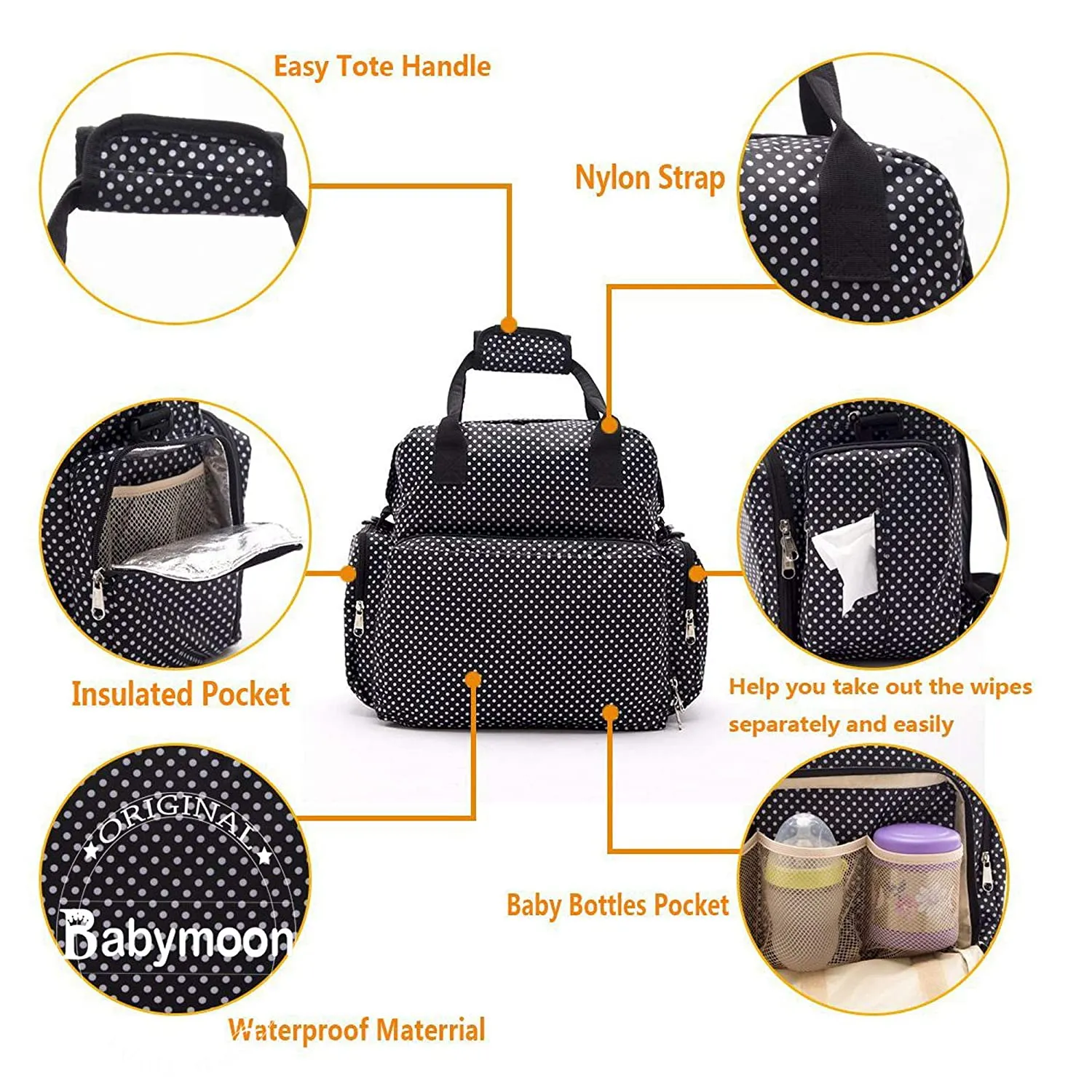 Babymoon 5 in 1 Polka Dotes Waterproof Diaper Bag - Jet Black