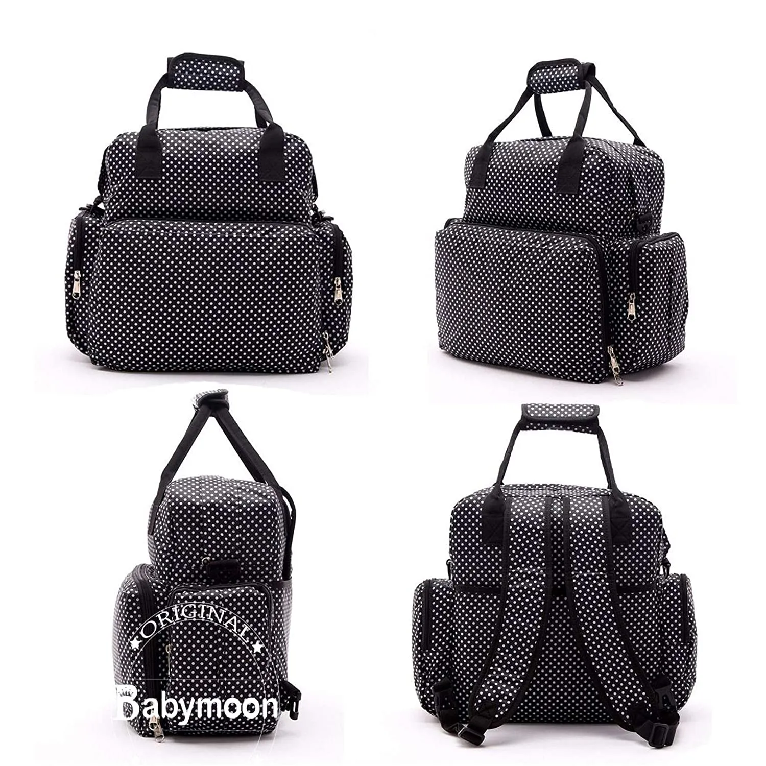 Babymoon 5 in 1 Polka Dotes Waterproof Diaper Bag - Jet Black