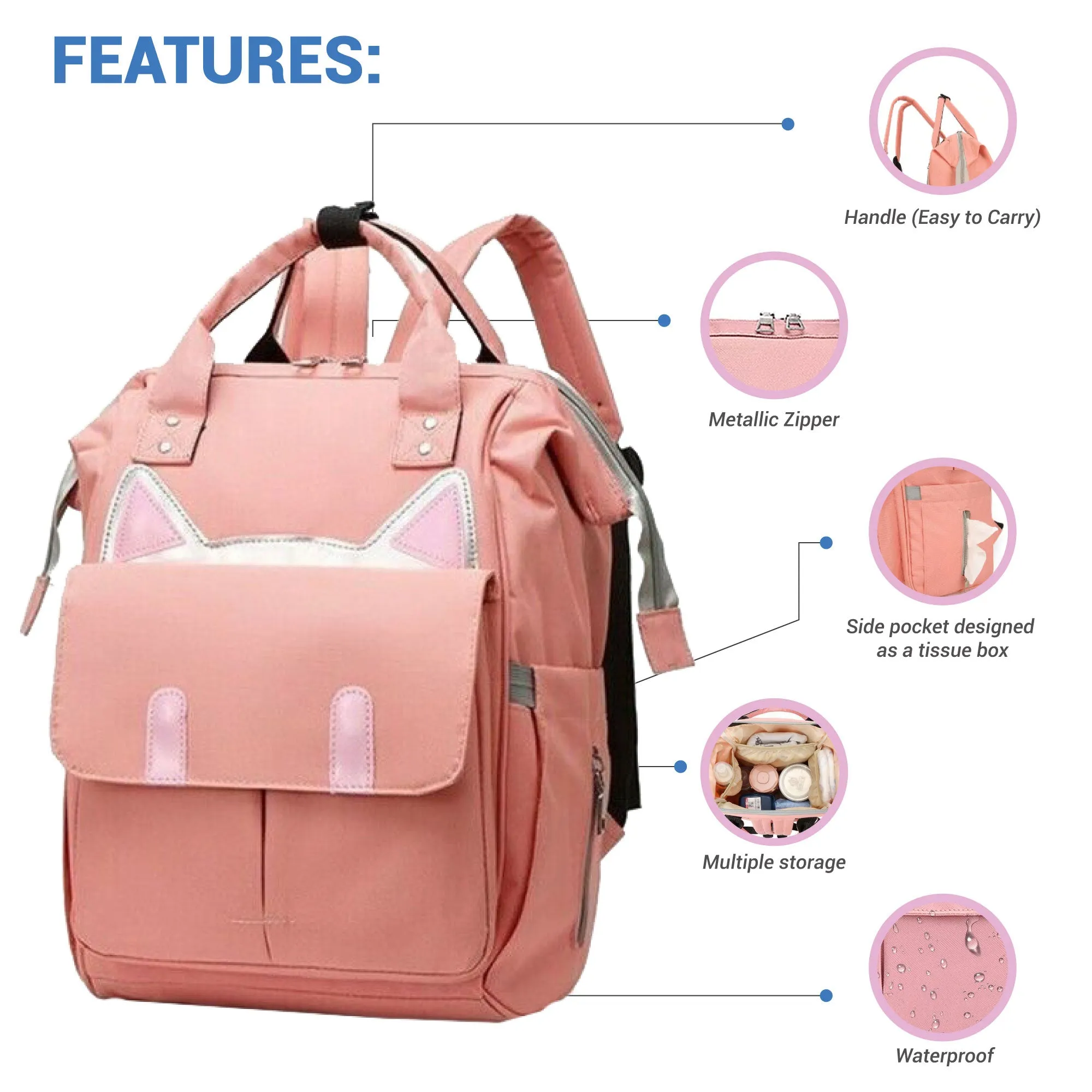 Babymoon Mother Diaper Bag Lightweight Multifunctional Travel Unisex Diaper Backpack | Pink Kitty