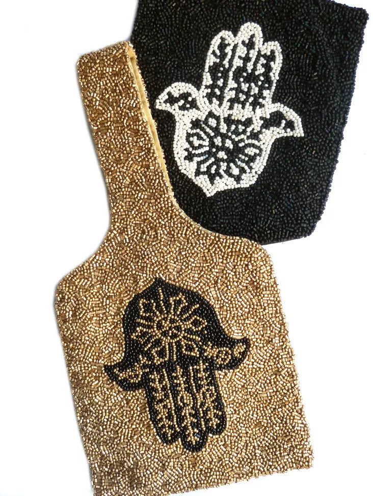 Beaded Wrist Bag Hamsa Black Or Gold