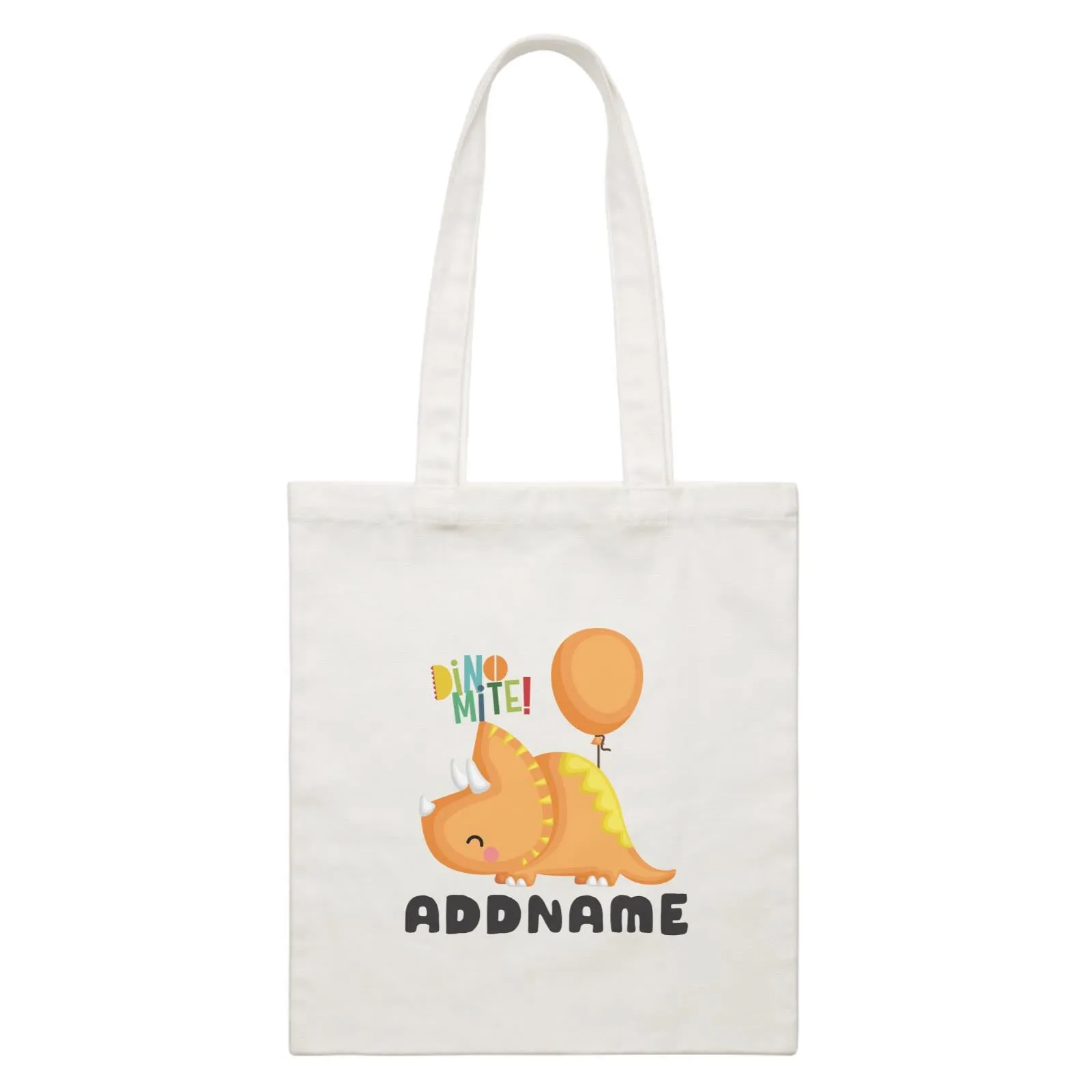 Birthday Dinosaur Happy Orange Triceratop DinoMite Ties With Balloon Addname White Canvas Bag