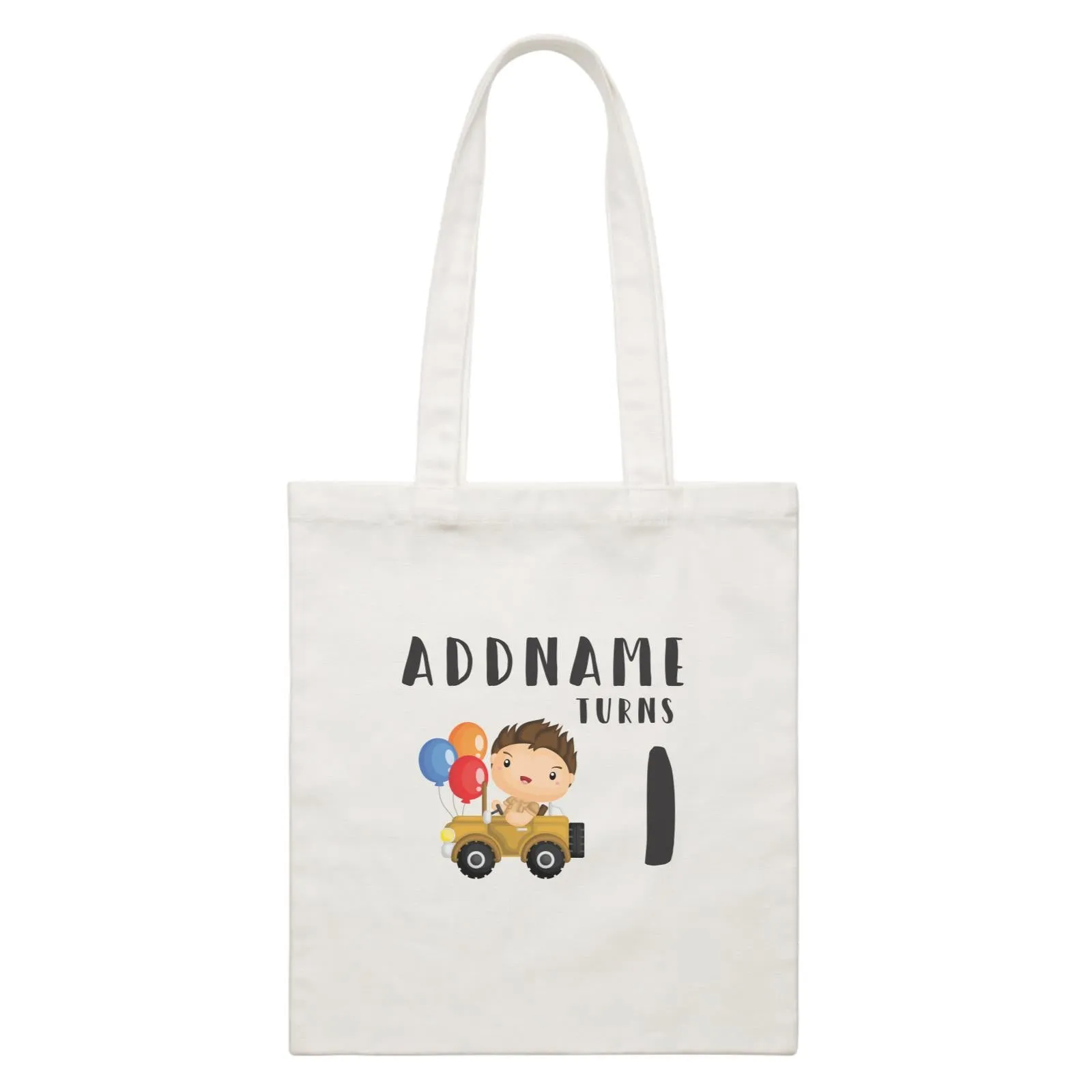 Birthday Safari Explorer Boy Driving Jeep Car Addname Turns 1 White Canvas Bag