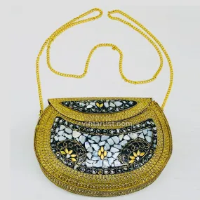 Black and Golden Bag With Golden Long Chain