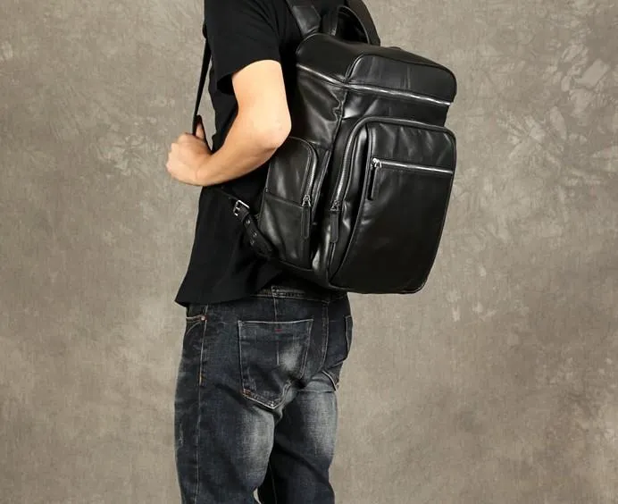 Black Leather Mens Backpack Cool Travel Backpack Hiking Backpack for men