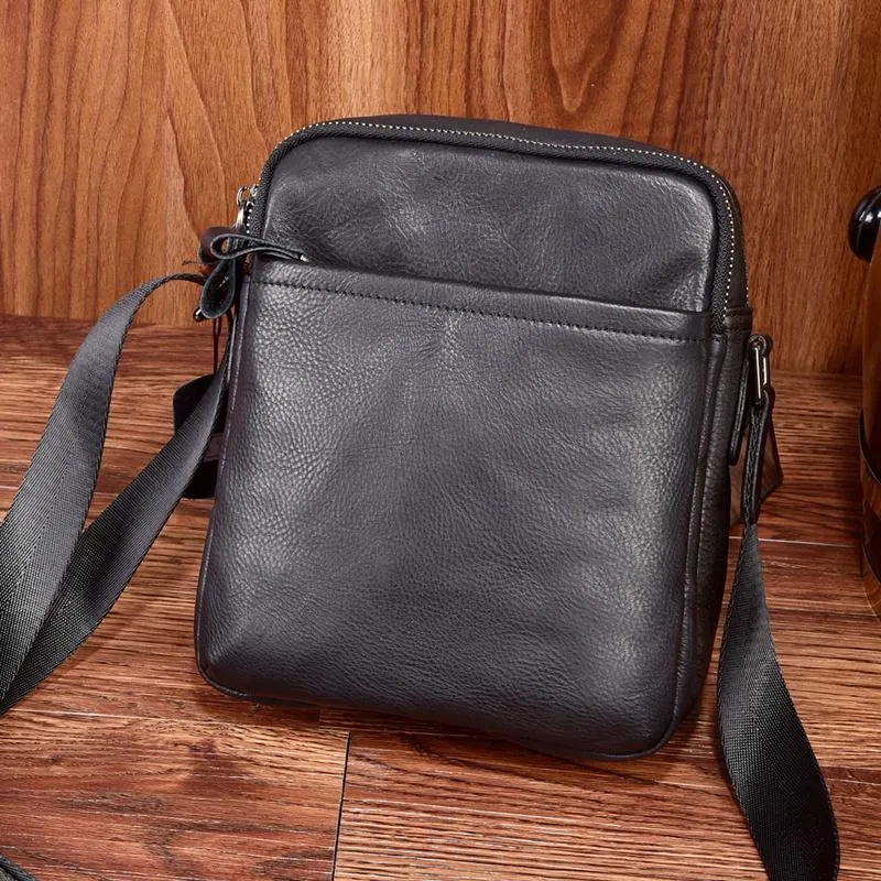 Black Leather Mens Tablet Messenger Bag Small Side Bag Black Shoulder Bag For Men