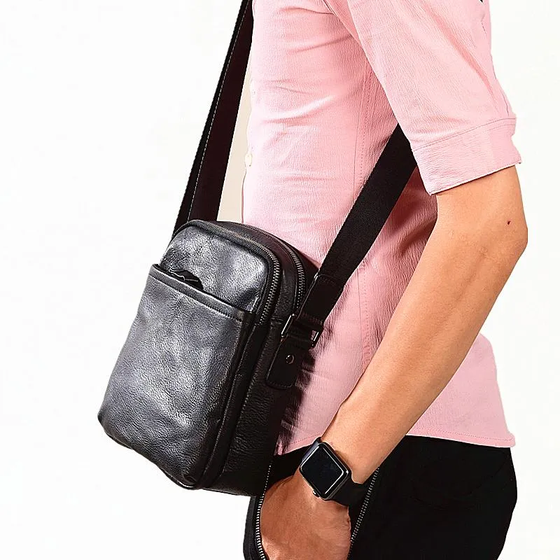 Black Leather Mens Tablet Messenger Bag Small Side Bag Black Shoulder Bag For Men