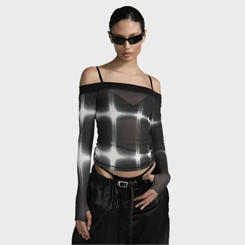 Black Printed Mesh Transparent Crop Top Korea Fashion Y2k Clothing Women T-shirt Off Shoulder Long Sleeve Tees P85AI11