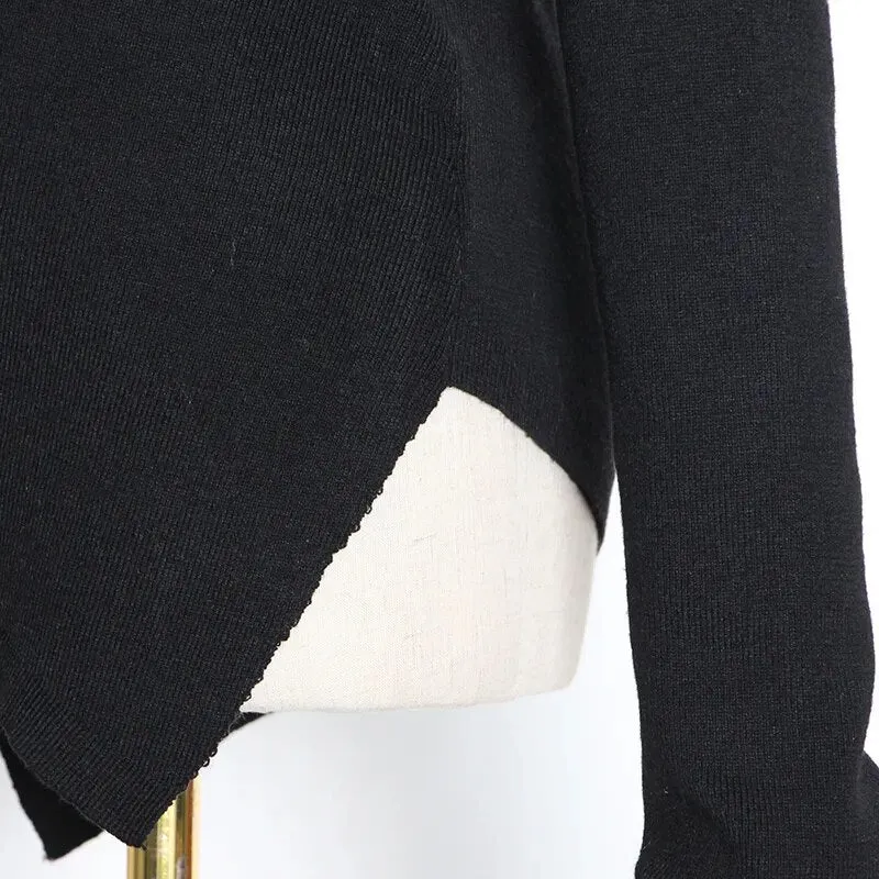 Black Sweater For Women Irregular Collar Long Sleeve One Off Shouder Hollow Out Knitted Sweaters Female Style