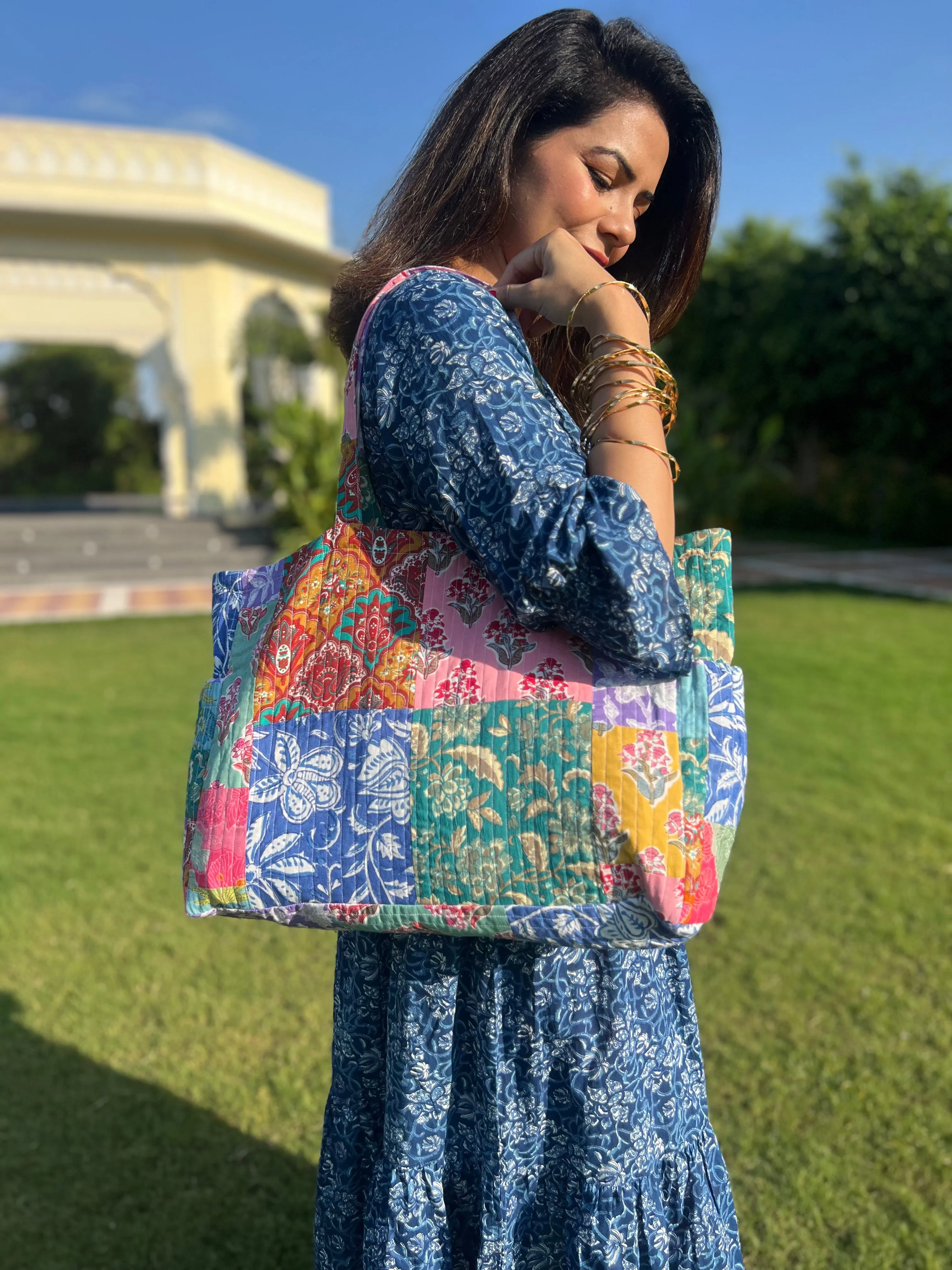 Block Print Patchwork Tote Bag