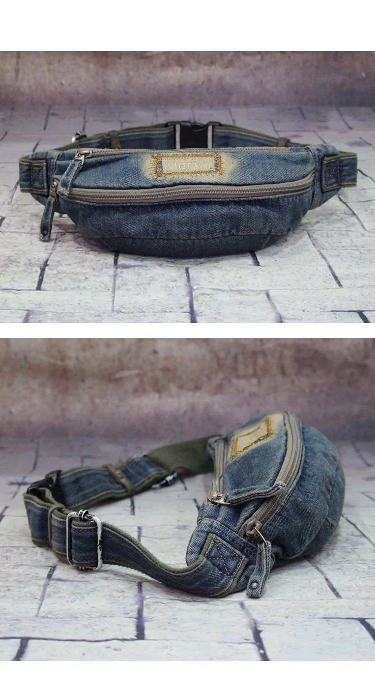 Blue Denim Mens Casual Waist Bag Fanny Pack Blue Jean Hip Bag Bum Bag For Men