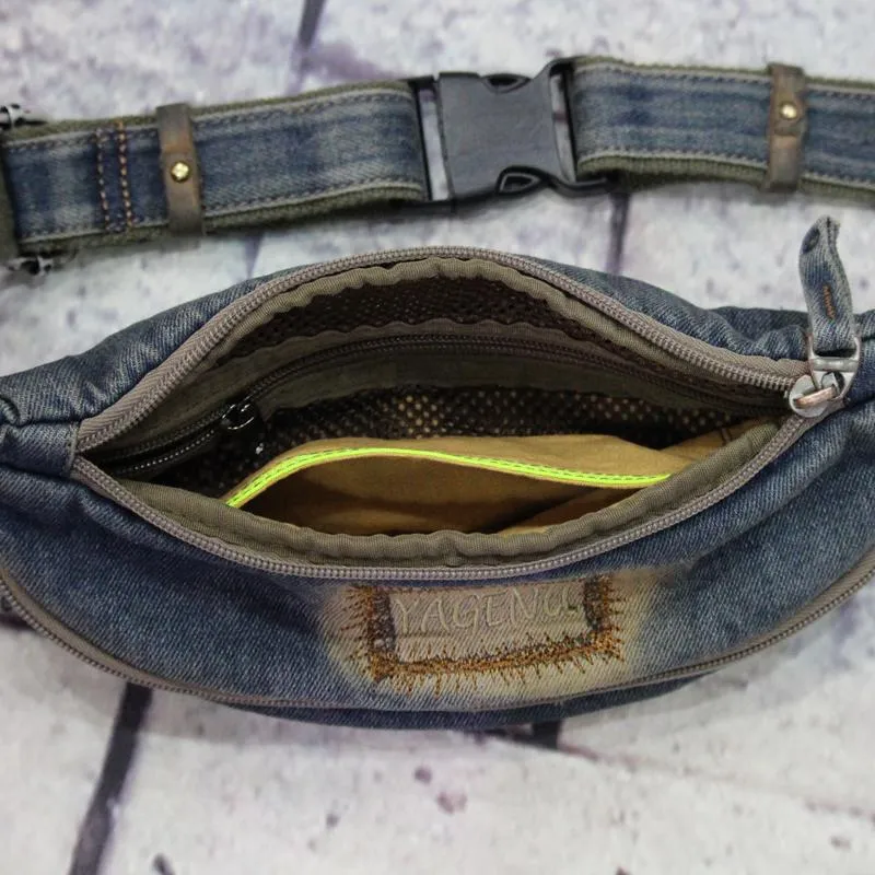 Blue Denim Mens Casual Waist Bag Fanny Pack Blue Jean Hip Bag Bum Bag For Men