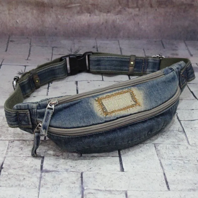 Blue Denim Mens Casual Waist Bag Fanny Pack Blue Jean Hip Bag Bum Bag For Men