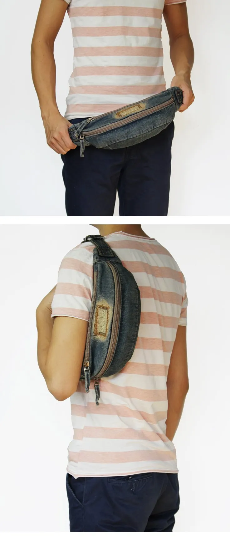 Blue Denim Mens Casual Waist Bag Fanny Pack Blue Jean Hip Bag Bum Bag For Men