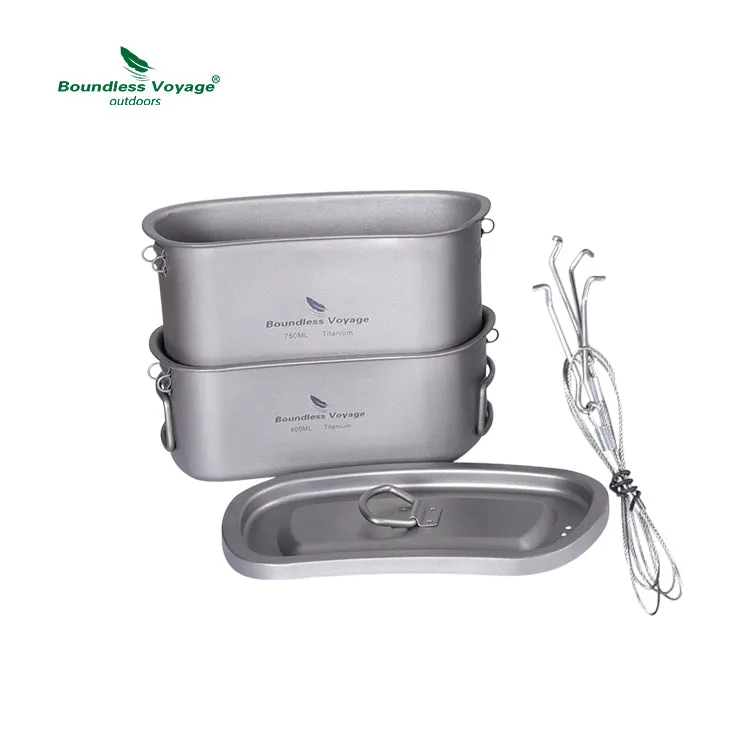 Boundless Voyage Titanium Military Titanium Canteen Set 400ml 750ml  Outdoor Camping Bowl Kettle Cooking Set Mess Kit Lightweight