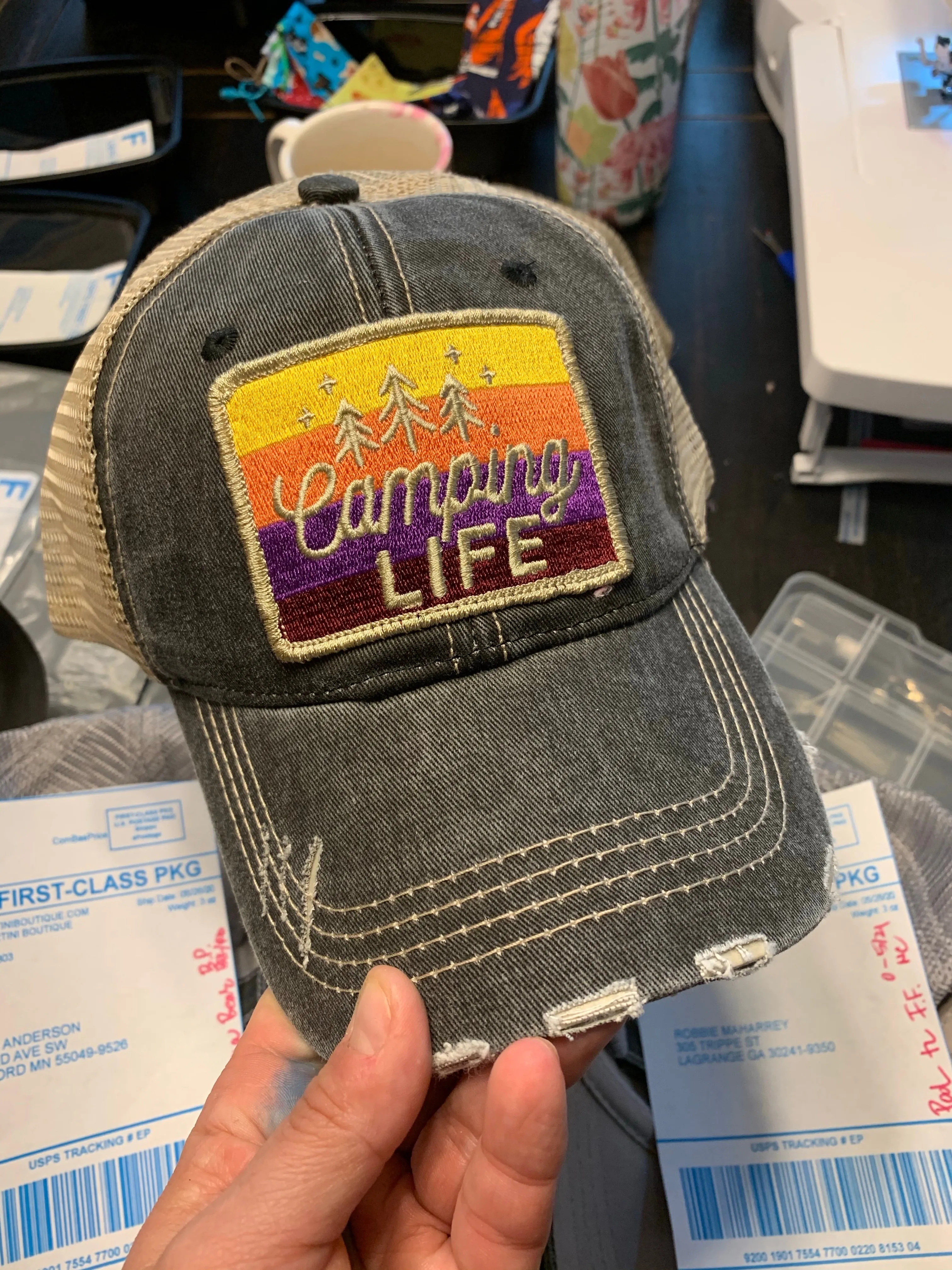 Camp hats! Hats { Camping life } 4 colors. Embroidered distressed trucker caps.