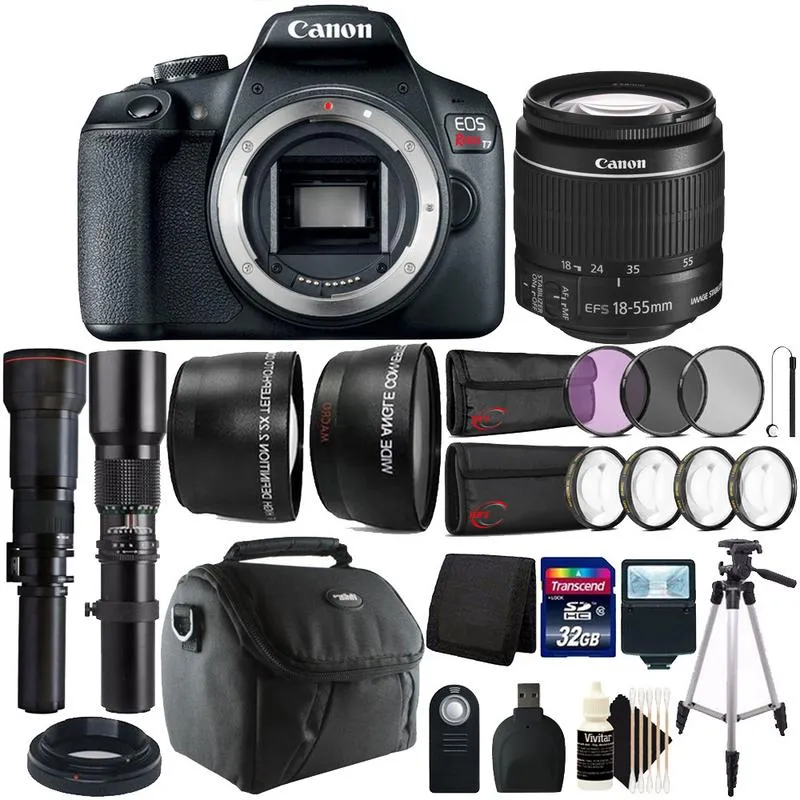 Canon EOS Rebel T7 DSLR Camera   18-55mm   500mm   650-1300mm Lens   58mm 3pc Filter Kit   Macro Kit   Wide Angle & Telephoto Lens   T-Mount   32GB Memory Card   Gadget Bag   Lens Cap Holder   Remote Control   Card Reader   Wallet   Slave Flash