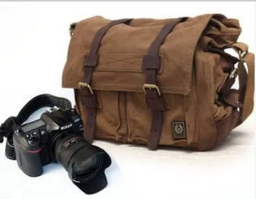 Canvas Messenger Vintage Leather Camera Bag Portable Shoulder Bag Diagonal Tote DSLR Bag