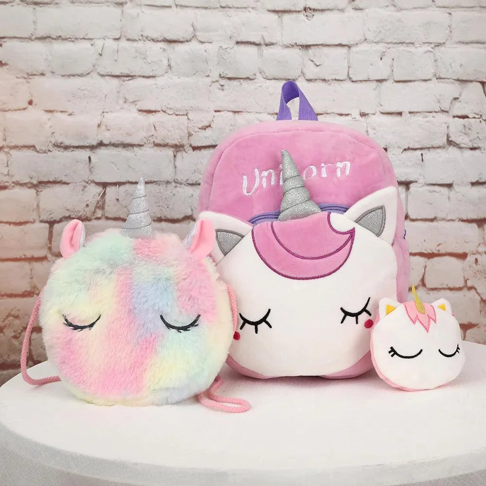 Cartoon Unicorn Plush Backpack, Crossbody Bag, and Purse Set - Toddler/ Kid Girl (3Pcs)