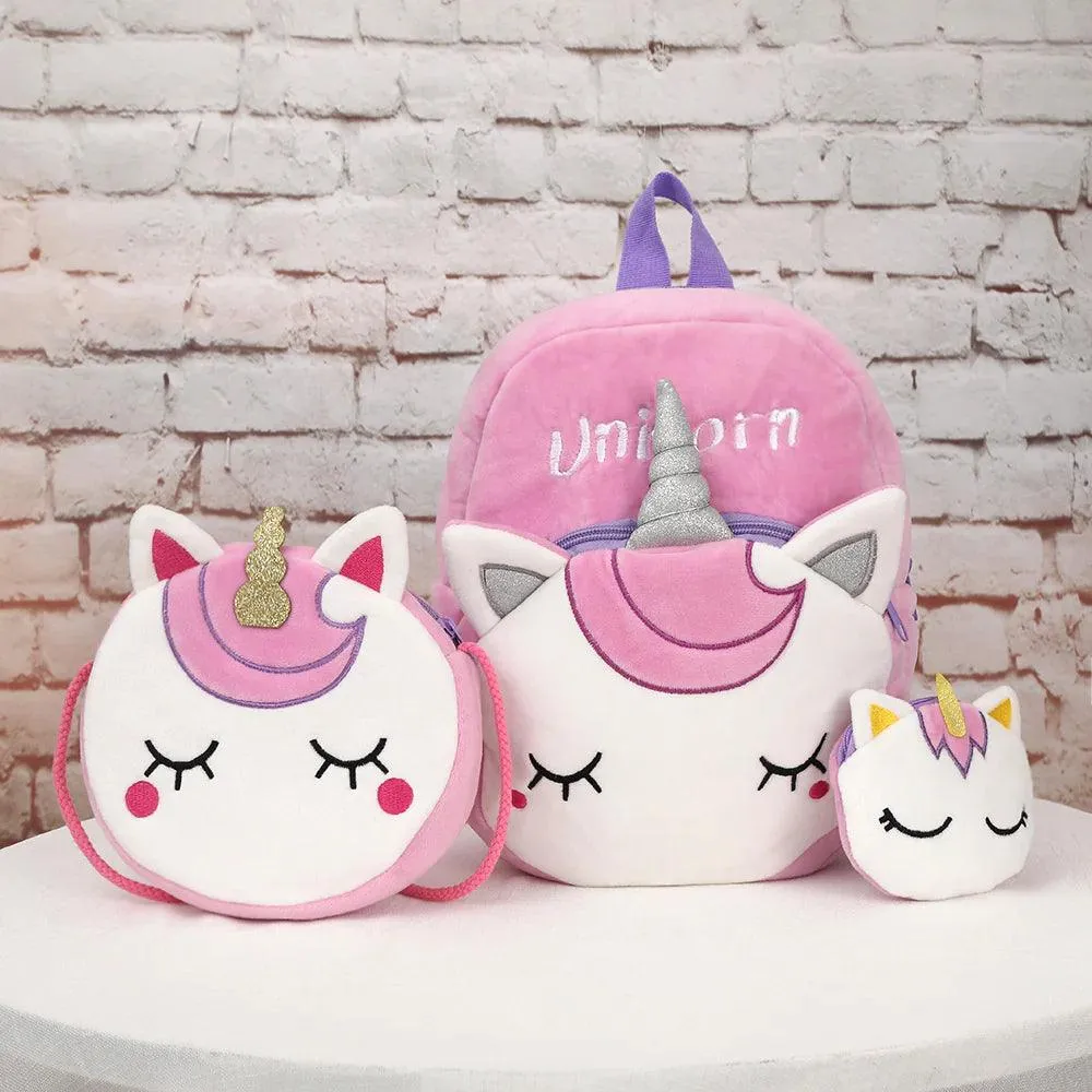 Cartoon Unicorn Plush Backpack, Crossbody Bag, and Purse Set - Toddler/ Kid Girl (3Pcs)