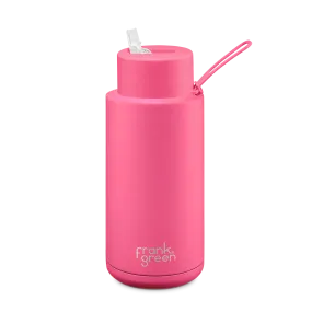 Ceramic Reusable Bottle w Straw - Neon Pink 34oz 1Lt