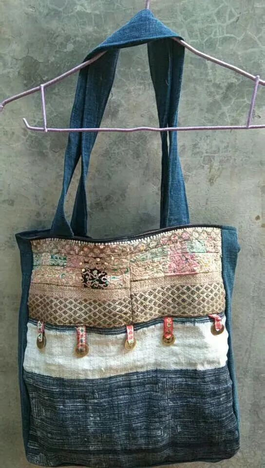 Chinese Minority people's hand bag vintage hand embroidery homespun hand-woven fabric handbag